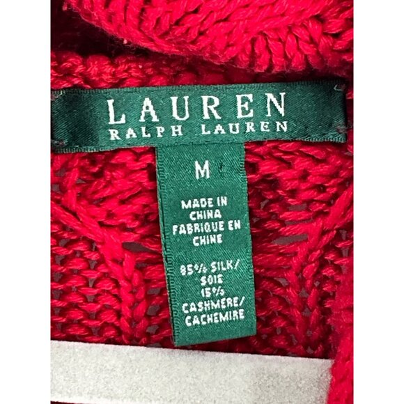 Lauren Ralph Lauren Red Cable Knit Cardigan Sweater Med Silk & Cashmere Blend - Picture 2 of 5